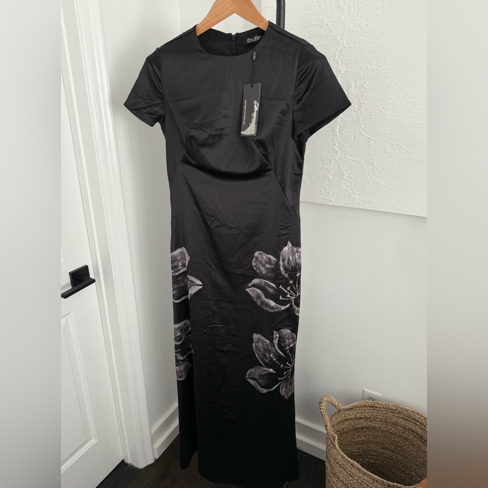 Long Black Floral Dress Fully Lined, Zip Up Back